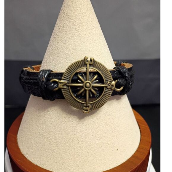 Vintage Leather an Black Cord Nautical-style Bracelet with a Compass Rose Charm - Picture 1 of 5